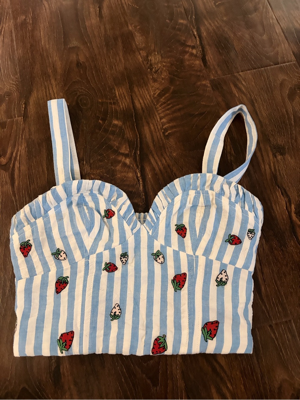 Anthropologie || Maeve Strawberry Stripe Corset Crop Tank Top Blue Embroidered 0